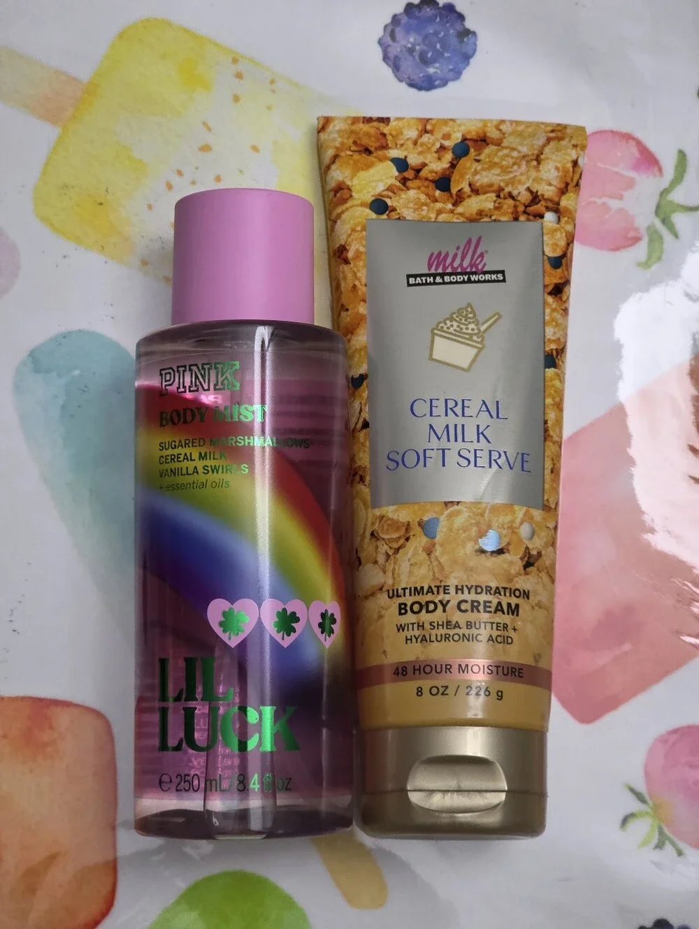 Bath Body Works Cereal Milk Soft Serve Cream & PINK Lil Luck Mist Set New RARE